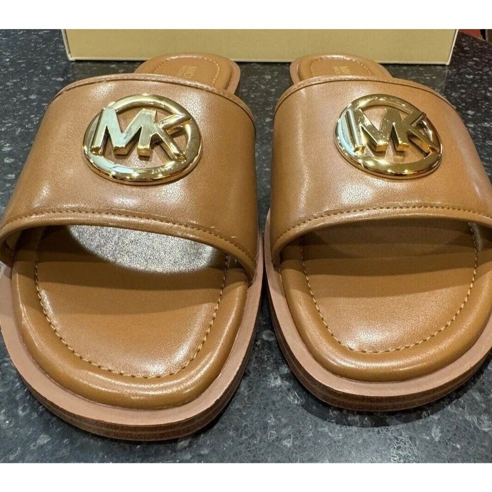 Michael Kors MK Logo Slide Sandals Brown Gold Women’s Size 7 - Picture 3 of 8
